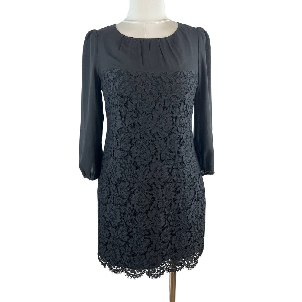J.Crew Collection Black Corded Lace Silk Sleeve Dress Size 6 Pockets Holiday